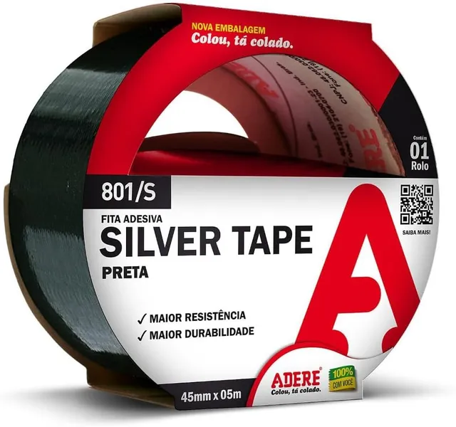 Fita Silver Tape Preta Adere 45 mm x 5 m