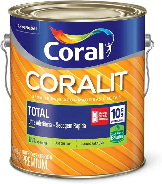 Lata de esmalte Coralit Total acetinado branco de 3,6 litros