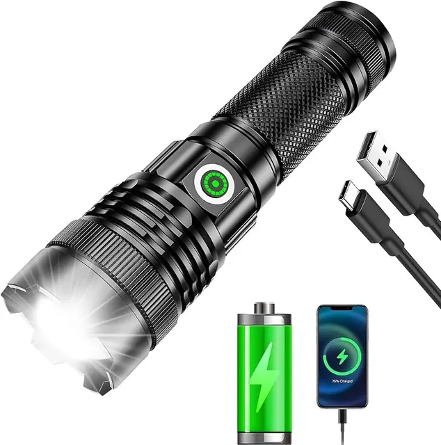 Lanterna tática LED recarregável por USB-C com zoom ajustável